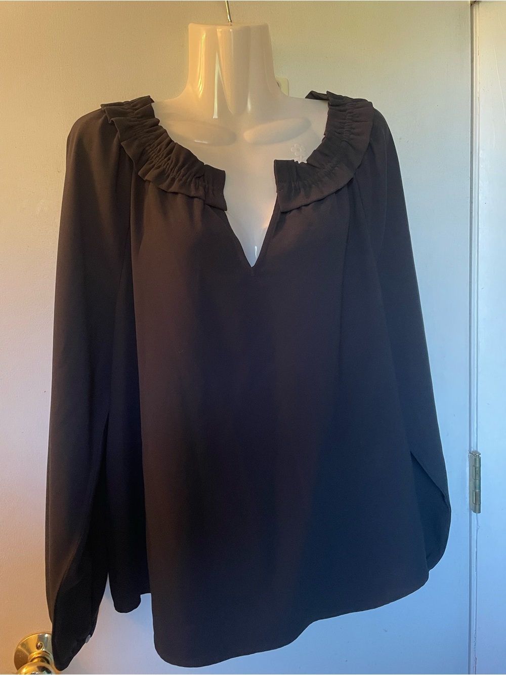 J. Crew Black Ruffle-Trim V-Neck Blouse with Long Sleeves